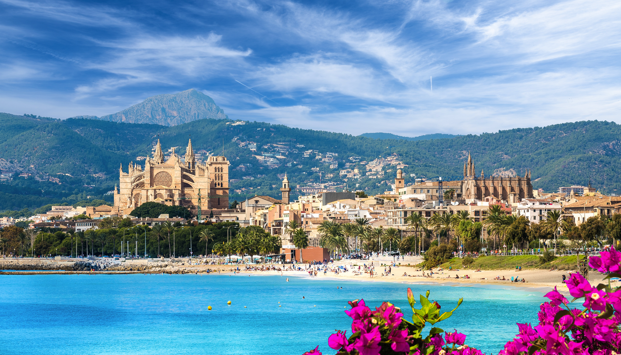 Landscape with beach and Palma de Mallorca town, Spain
